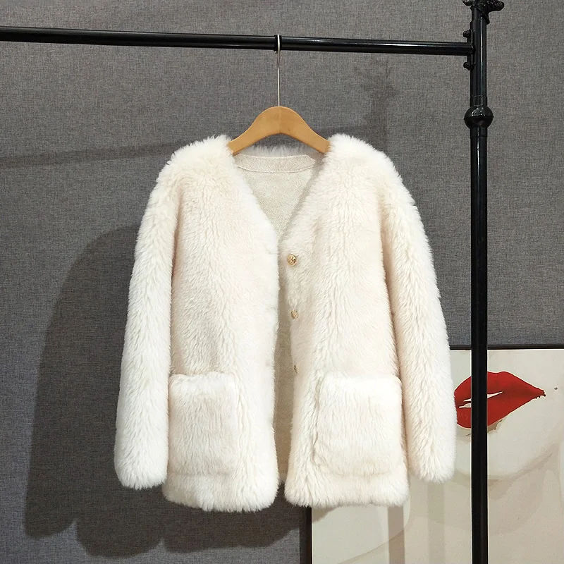 2023 Autumn and Winter Toca Sheep Shearling  Coat Women's Lamb Wool Fur Short V-neck Thicken Jacket PT385