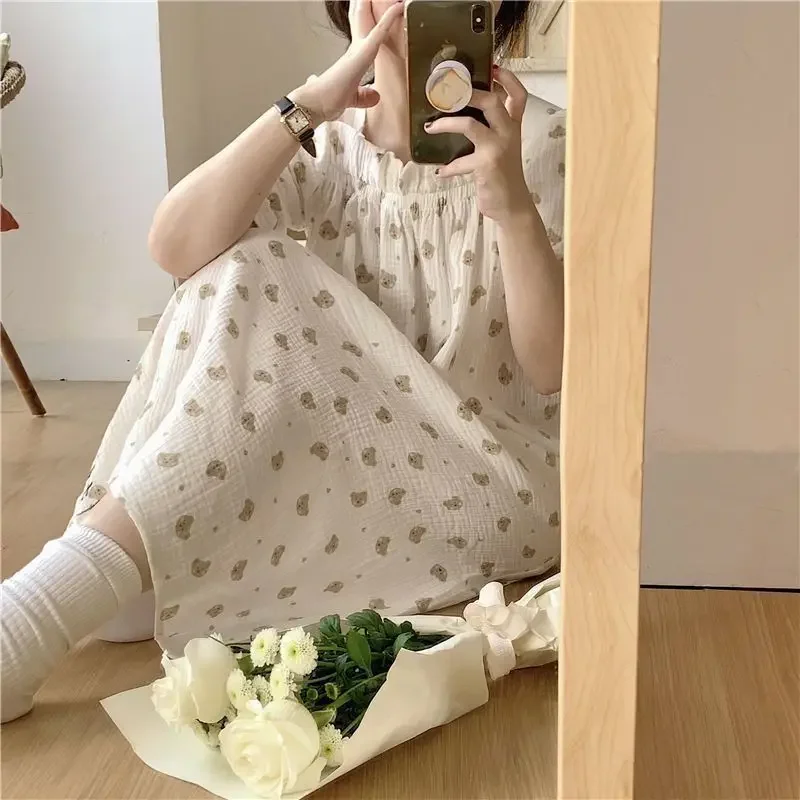 Pajamas Dress Mid Length Cartoon Cute Home Clothes Korea Nightwears for Ladies Long Dresses Bathrobe Sleeping Women Night Sleep