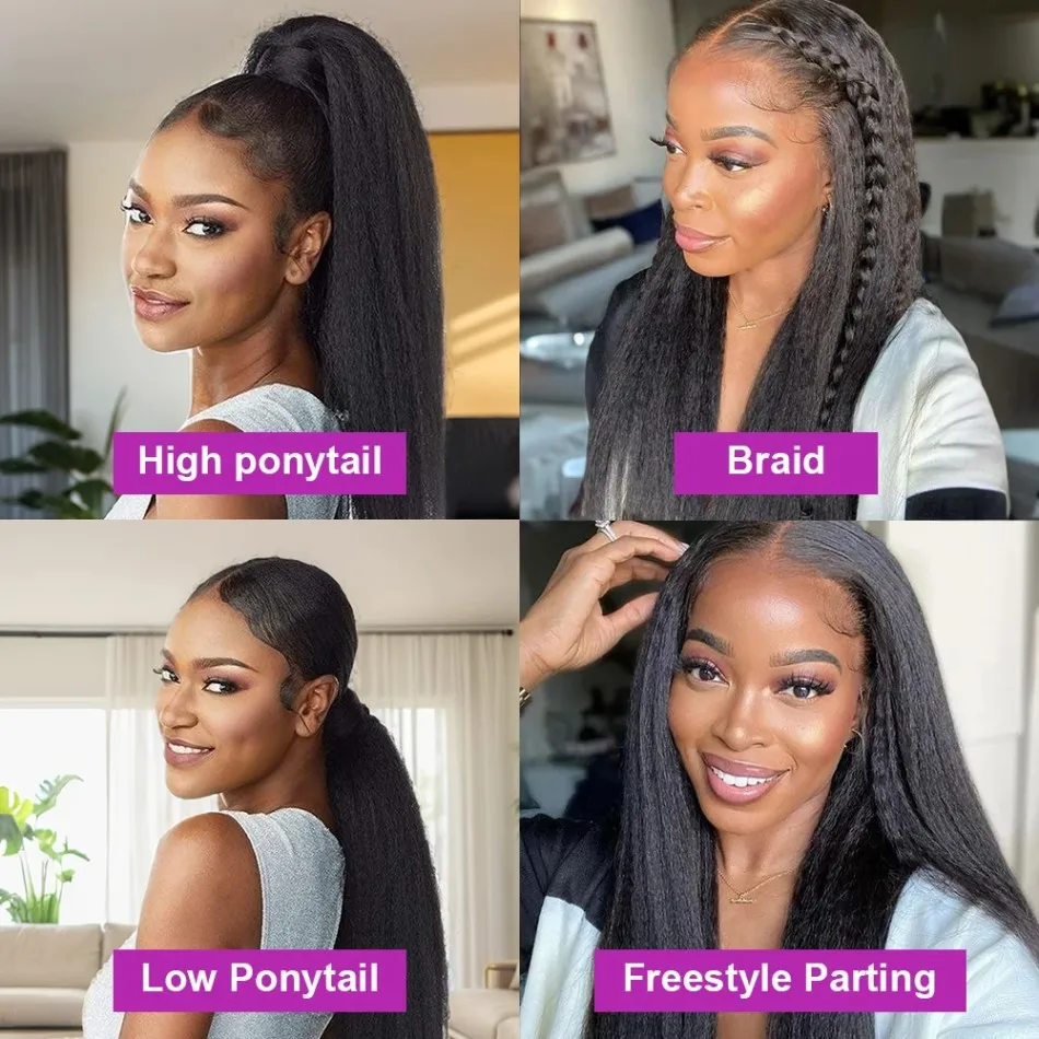 Kinky Straight Human Hair Wigs 360 Lace Front Wig Invisible Strap HD Pre