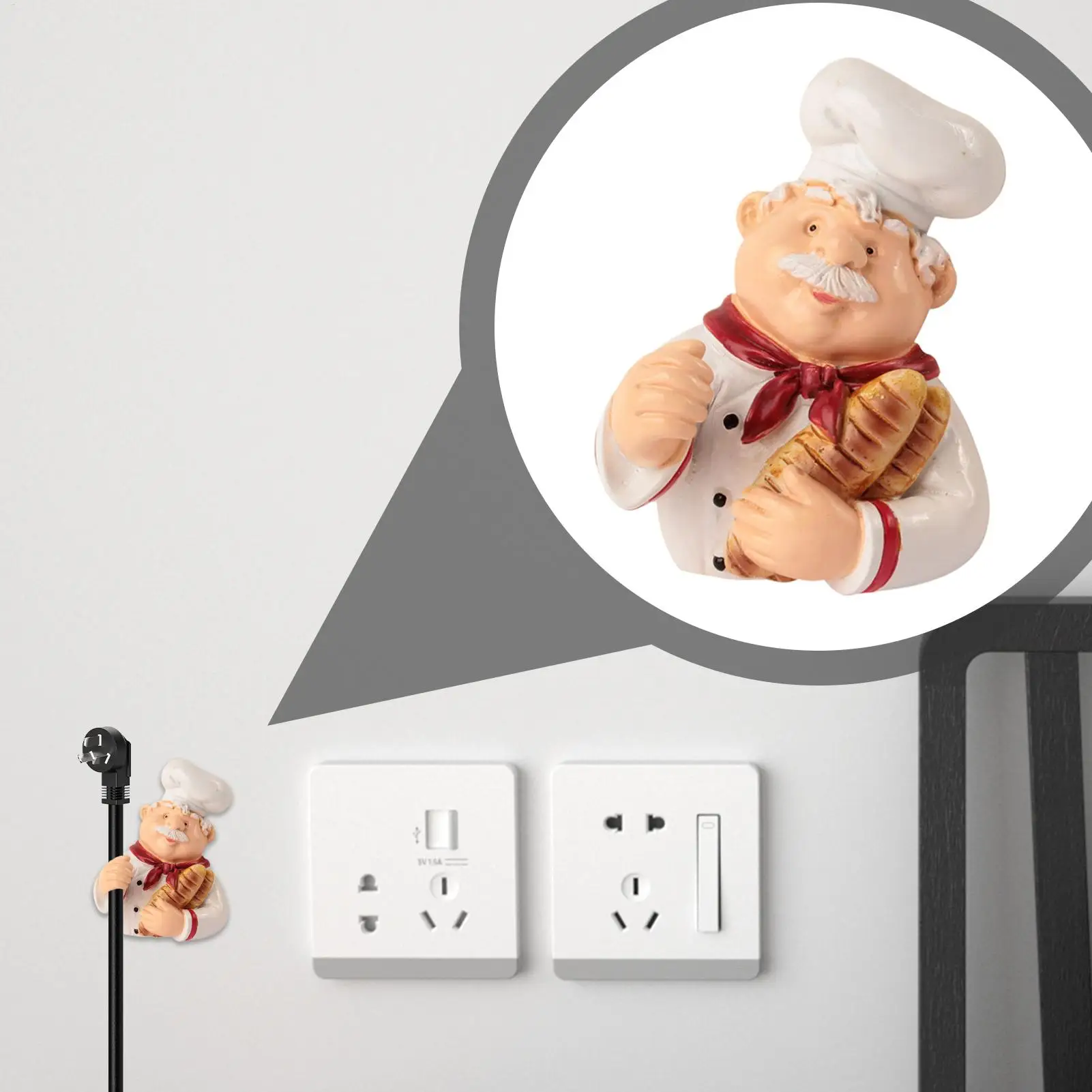 Cartoon Chef Wall Hook Creative Power Cord Storage Holder Decorative Wire Organizer For Kitchen Home Garage Garden Tidying Decor