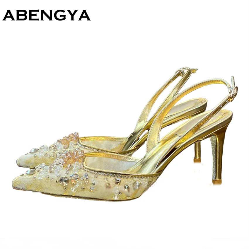 

Летние женские туфли-лодочки на высоком каблуке с сетчатым верхом, украшенные кристаллами, для вечеринок, с острым носком, на шпильке, с ремешком на щиколотке, сандалии со стразами