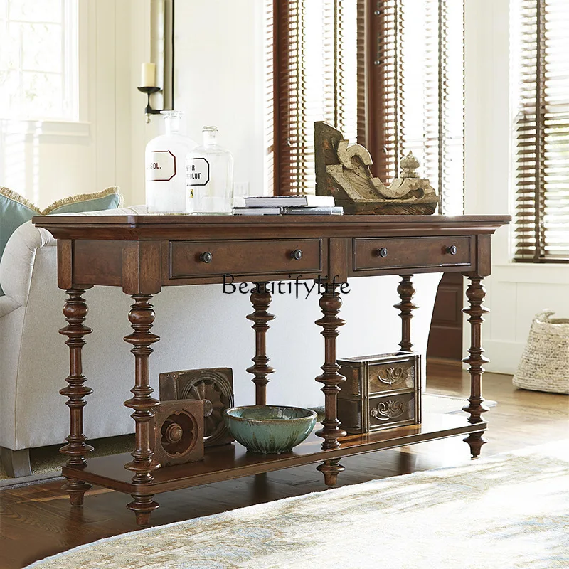 

American Retro Solid Wood Entryway Cabinet Carved Living Room Wall-Mounted Sideboard Hallway Entryway Table