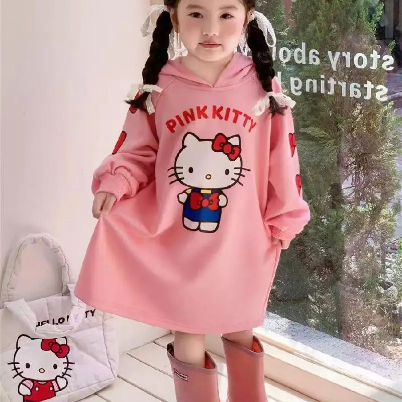 Sanrios Kids Y2K Hello Kitty Hoodie Anime Casual Long-Style Hoody Cartoon Loose Spring Autumn Tops Cute Sweet Sweater Girl Gift