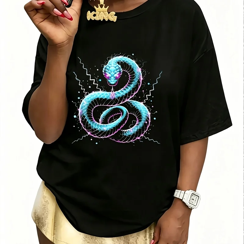 Electric Snake Women's 100% Cotton T-Shirt Fun Print Short Sleeve Top Casual Round Neck Tee S-5Xl
