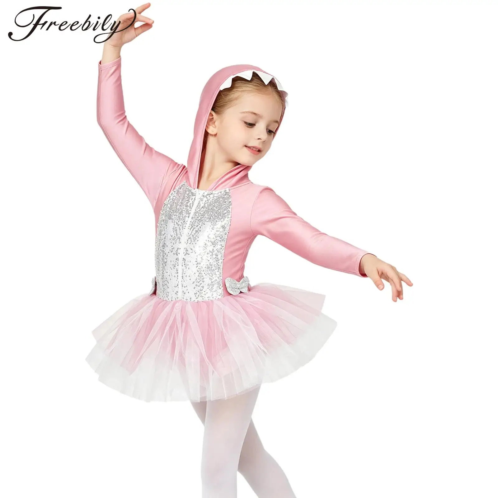 

Kids Girls Halloween Theme Party Shark Cosplay Costume Long Sleeve Sequin Zipper Hooded Tulle Dress with Fin And Bowknots