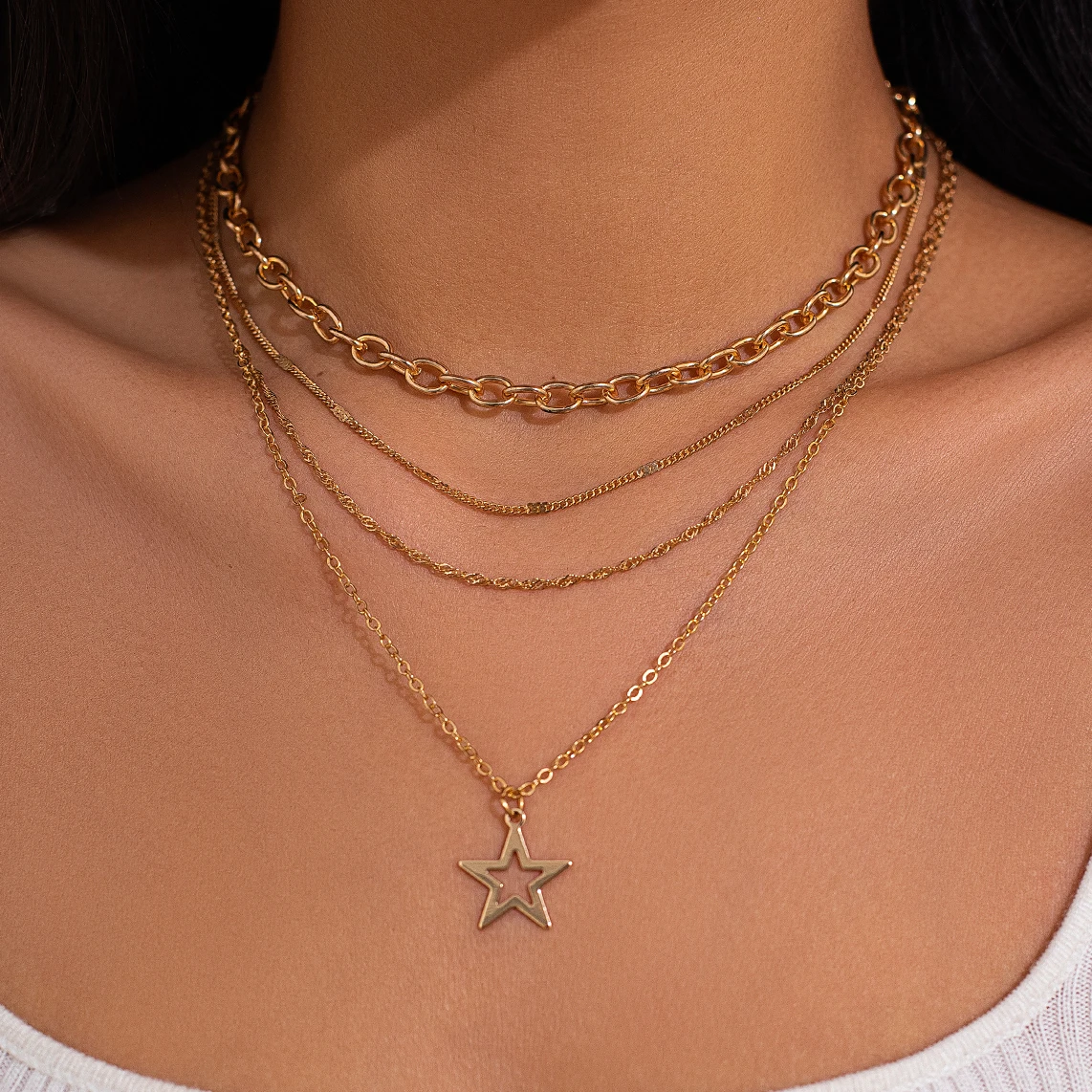 z 4 pçs/set simples oco cor de ouro estrela pingente feminino colar vintage sexy charme corrente fina gargantilha pescoço jóias