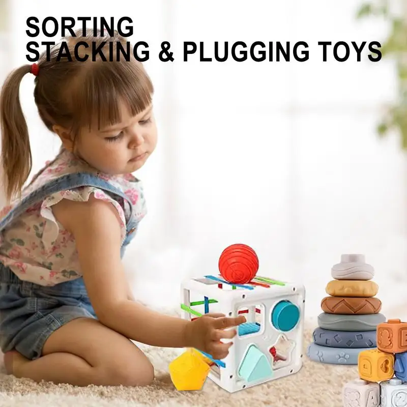 Sensory Toy For Babies Stacking Blocks Set Toddler Sorting Stacking & Plugging Sensory Toy Teether Blocks Stacker Cups Blocks