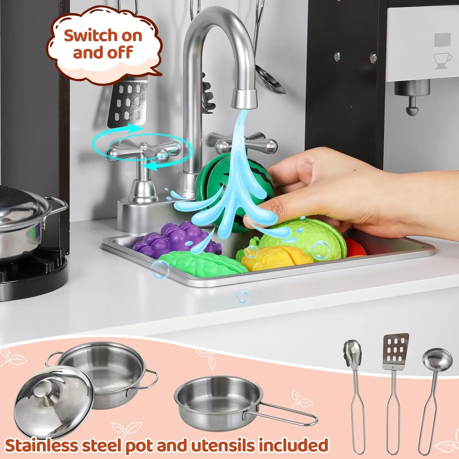 Kinderspeelkeuken, Houten Speelgoedkeuken, Toodler Kookspeelset, Fornuis Met Licht En Geluid, Gootsteen, Magnetron, 2 Stoffen Dozen, D