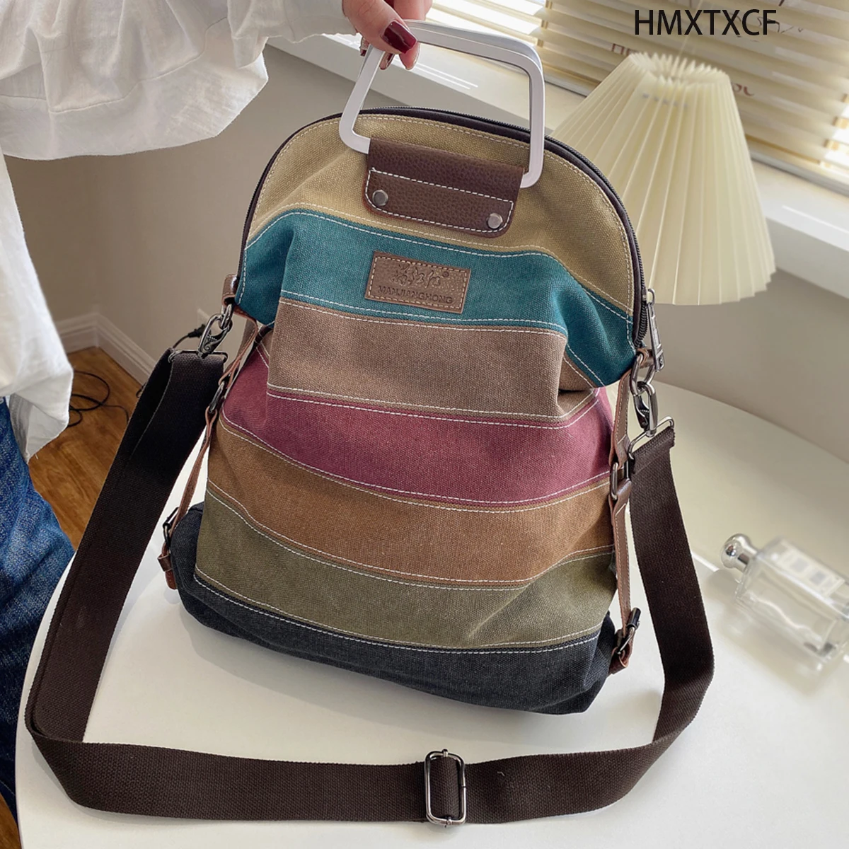 

Multi-Color Striped Canvas Backpack, Women's Top Handle Daypack, Functional Shoulder Bag