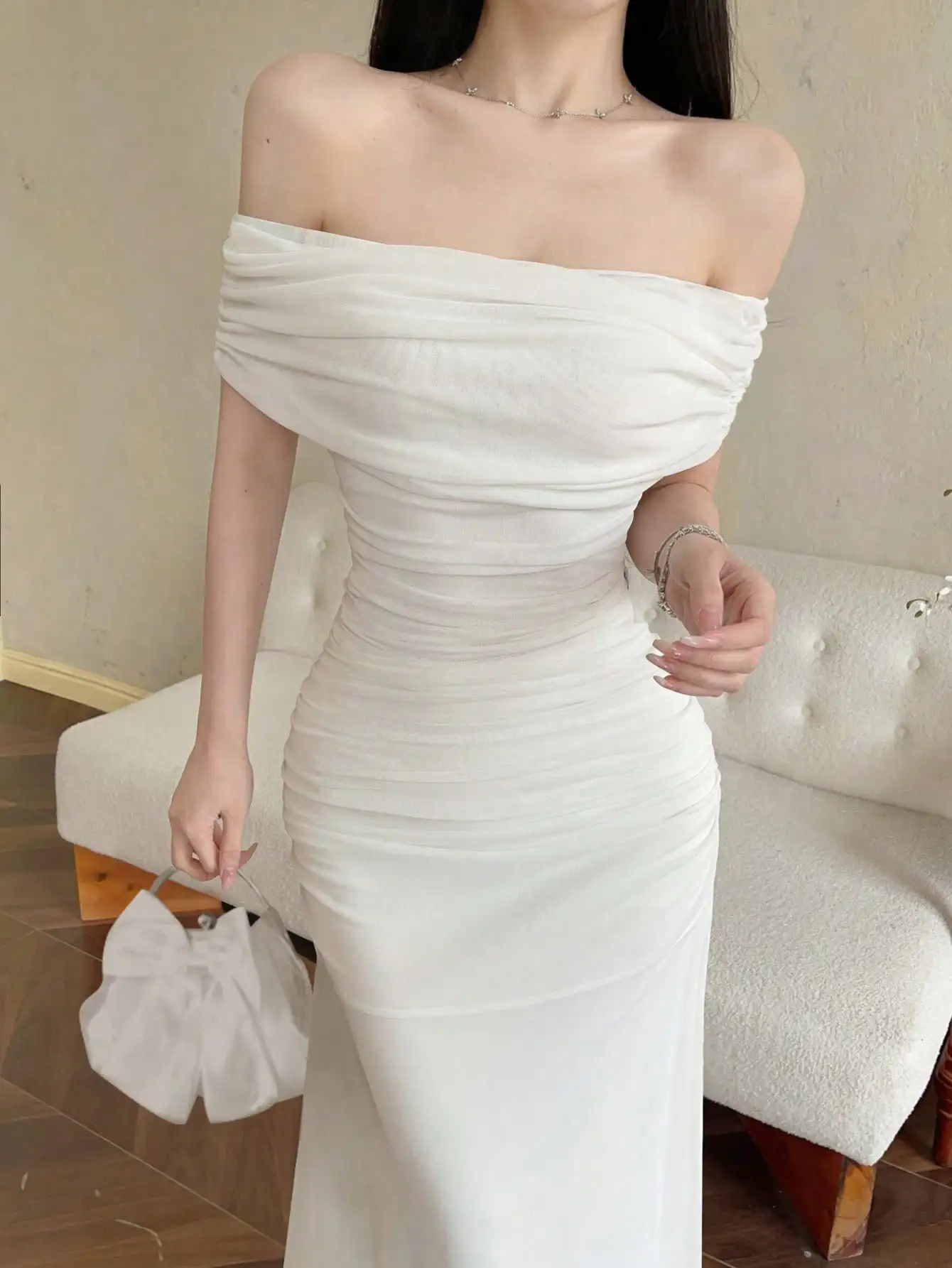 

Modelyn Women's Off Shoulder Ruched Waist Elegant Wedding Party Dress