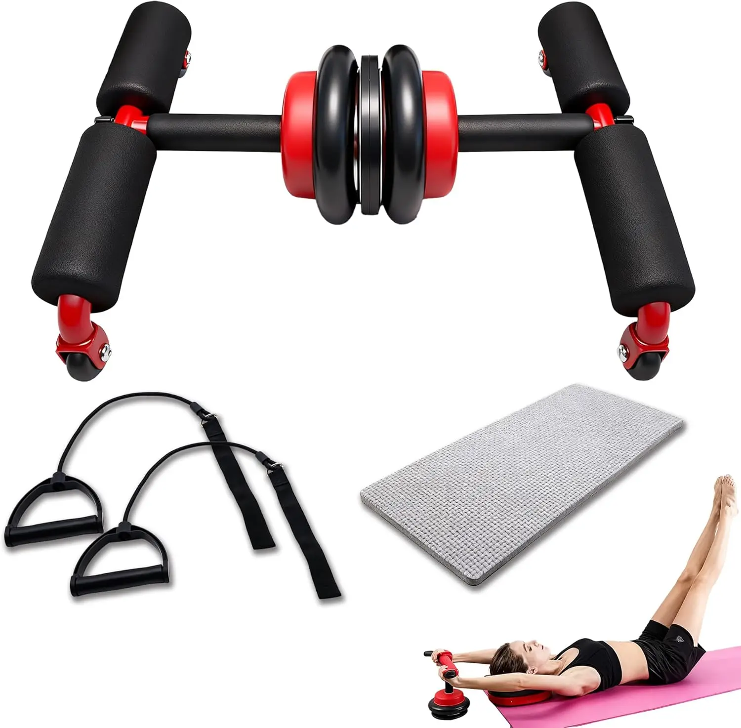 Multifunctional Ab Wheel Roller with Resistance Bands & Knee Pad, Detachable Abdominal Exercise Wheel with Suction Sit-Up Bar fo