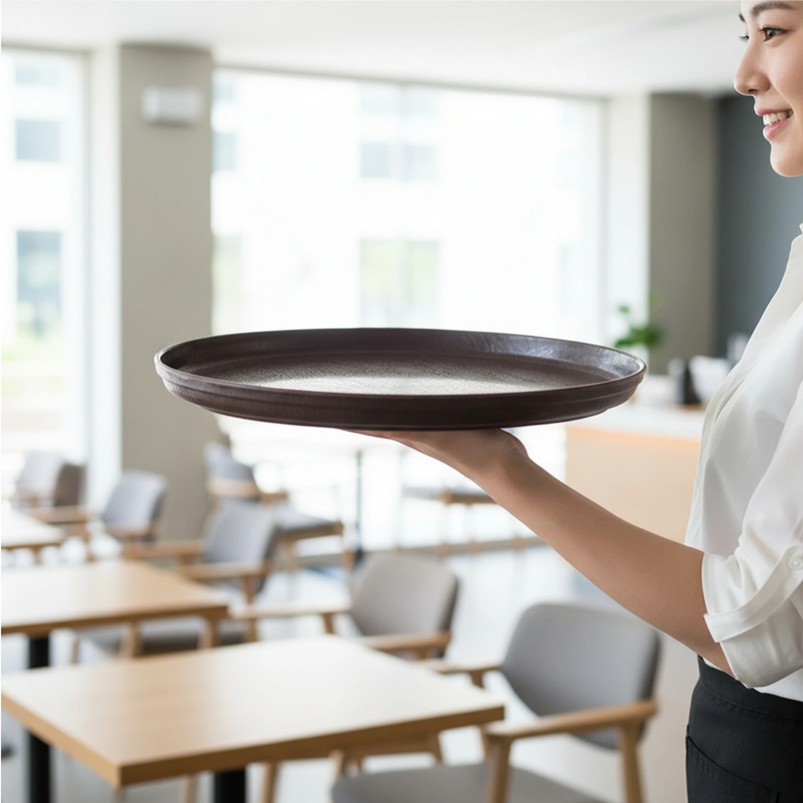 Round Plastic Tray Shallow Wood Grain Tray Serving Platter Multi-Functional Sturdy for Home Display, Countertop Organization