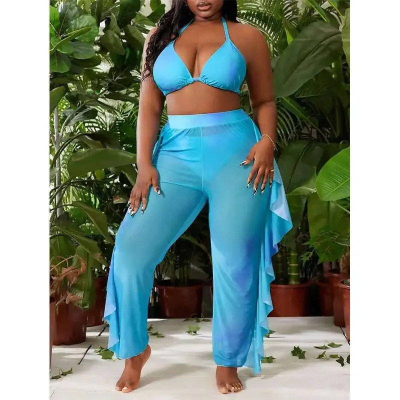 

Color Solid Plus Size Split Swimsuit Women's New Bikini Three Piece Set Sexy Gathering Pants Three Piece Set Casual Y2k