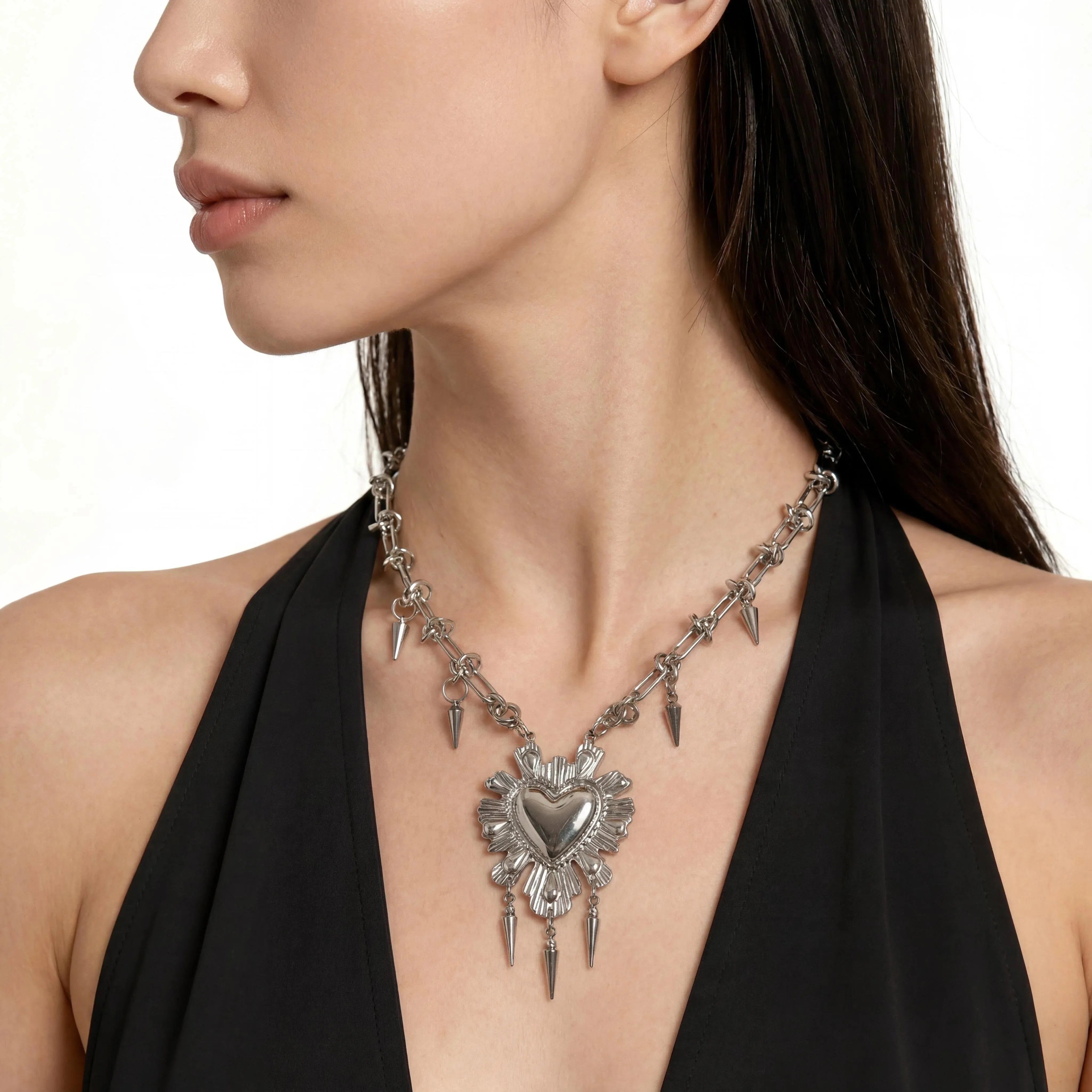 Punk Grunge Y2k Rock Nieten-Halskette mit Überdimensioniertem Liebesanhänger Coole Modische Halskette Goth Charm Schmuck Hip Hop Accessoires – Detail 1