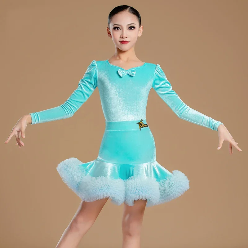 2025 traje de competición de baile de salón para niñas, vestido de actuación de baile latino de manga larga de terciopelo para niños, ropa de escenario SL11573