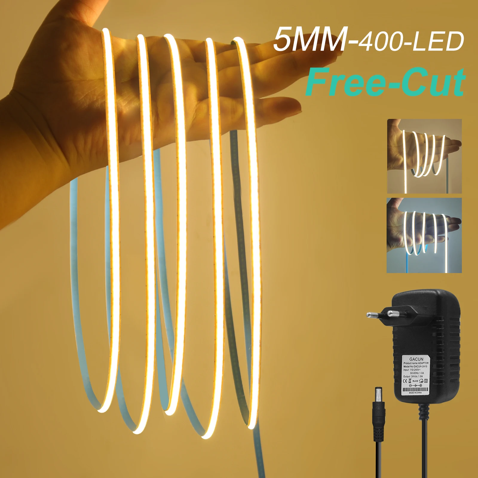 

Ultra Thin 5mm 12V 24V COB LED Strip with Power Supply Free Cut 400LEDs/m Flexible Tape for DIY Lightbox Kitchen Cabinet Lamp