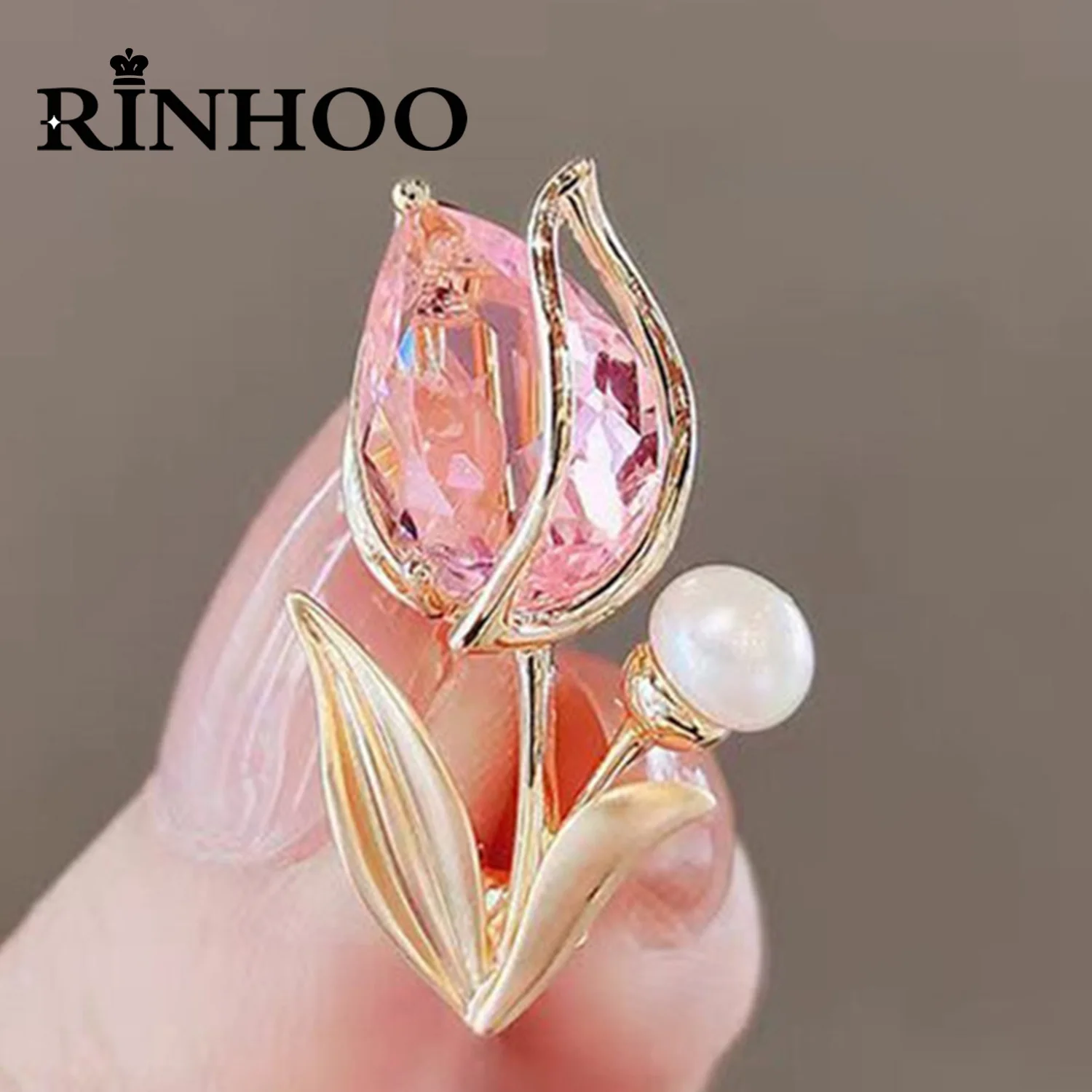 Rinhoo Luxury Pink Green Zircon Tulip Flower Brooch For Women Elegant Pearl Floral Lapel Pins Plant Button Badge Wedding Jewelry