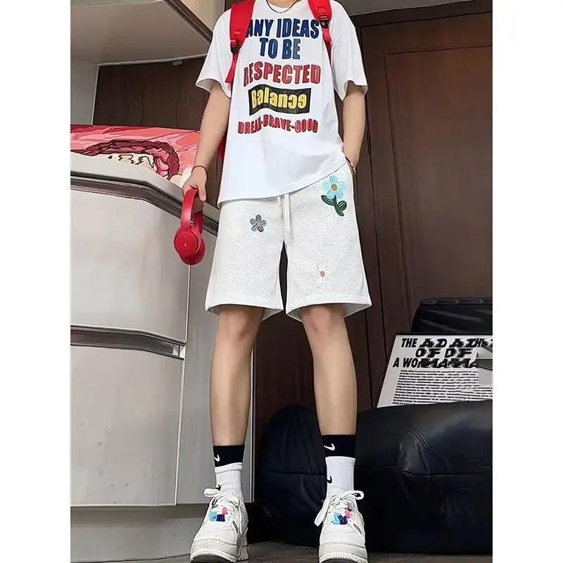 

Мужские шорты в стиле ретро с американской цветочной вышивкой, летние, спортивные, пляжные, свободного кроя, длиной до колена, со средней талией, из полиэфирного волокна