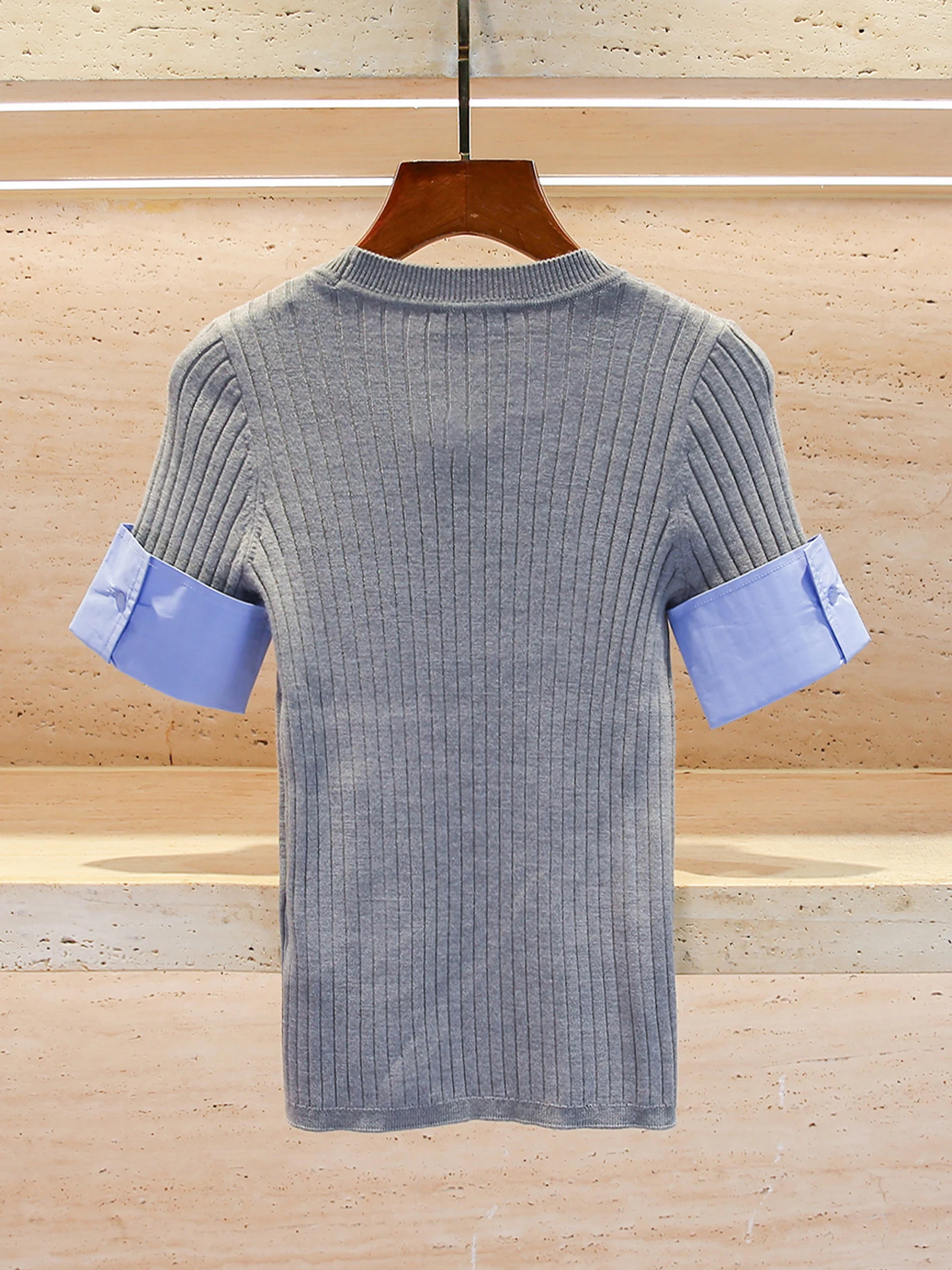 S Home South Oil High-End-Damen-T-Shirt, lässig, gestrickt, ort Sve, rund, Ne Splice, schmale Passform, vielseitiges Top für den Herbst