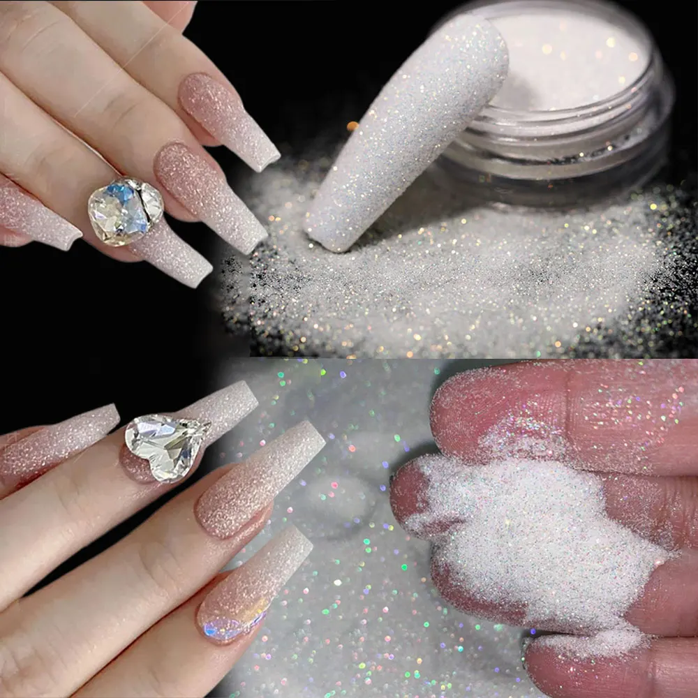 10g 0.1mm shimmer branco arco-íris prego glitter brilhante efeito de revestimento de açúcar arte do prego em pó holográfico arte do prego diamante poeira fr5g
