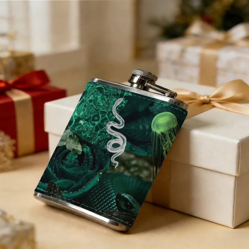8oz Dark Green Snake & Jellyfish Print Hip Flask 304 Stainless Steel Leak-Proof Liquor Flask for Camping Outdoor Travel Hiking