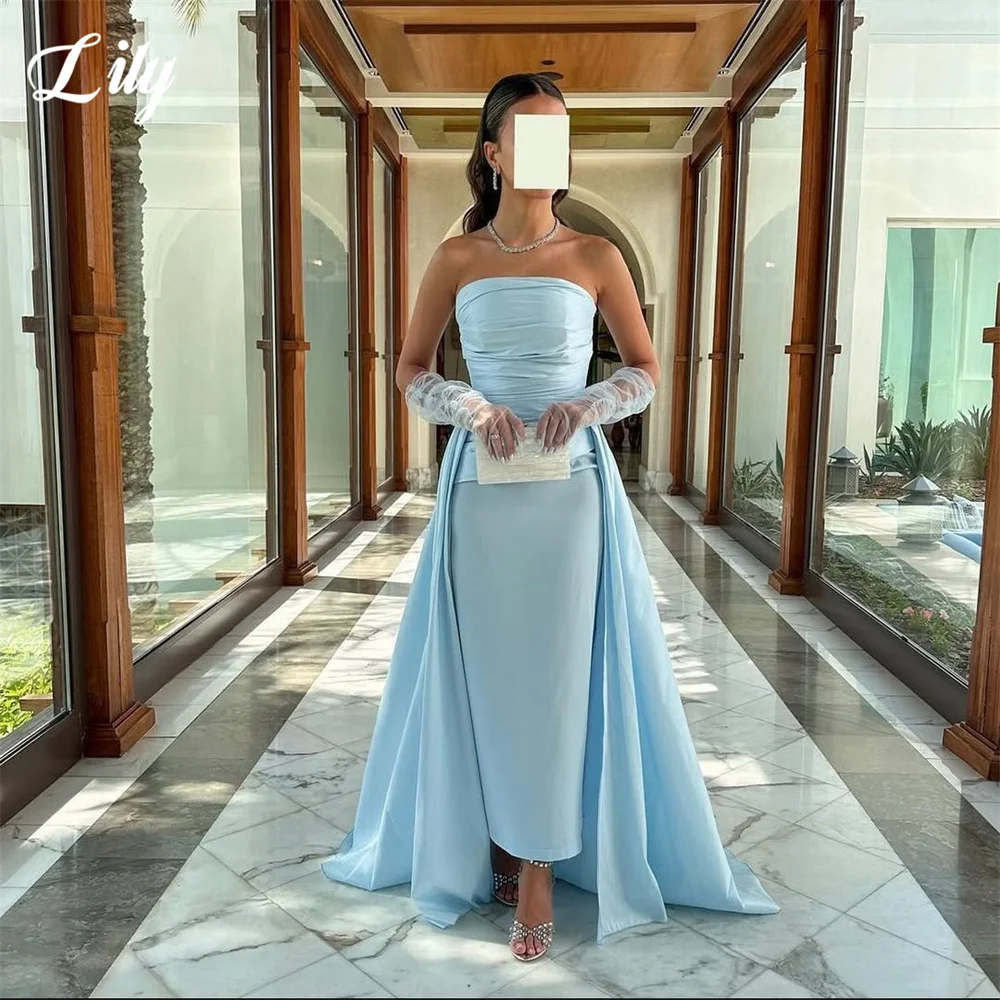 

Lily Sky Blue Party Dress Sleeveless Evening Dress Mermaid Party Gown Ruched Bodice Prom Gown with Train for Women Customized