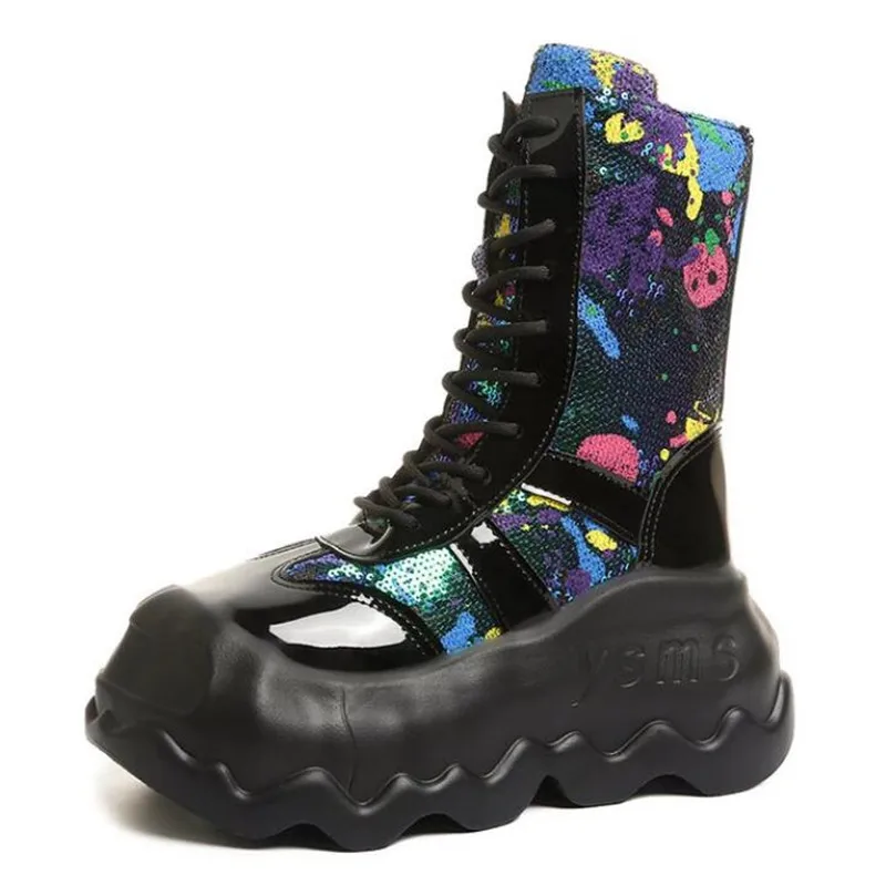 

Роскошные женские ботинки на платформе, дизайнерские готические крутые мотоциклетные блестящие женские ботинки, уличная черная женская обувь в стиле панк, ковбойские сапоги для женщин