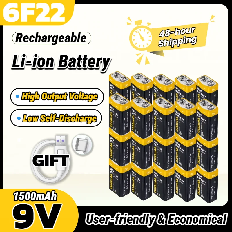 

USB-C 6F22 Rechargeable 9V Battery 1500mAh Long Lasting, Premium Li-ion for Microphones, Guitar Pedals, Toys, Meters & More