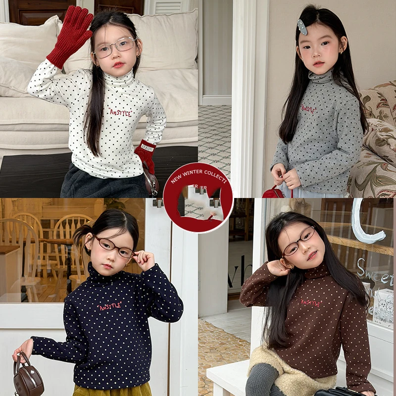 

Новая зимняя детская рубашка для маленьких девочек, утепленная теплая майка в горошек для маленьких девочек, водолазка, футболка с буквенным принтом для маленьких девочек