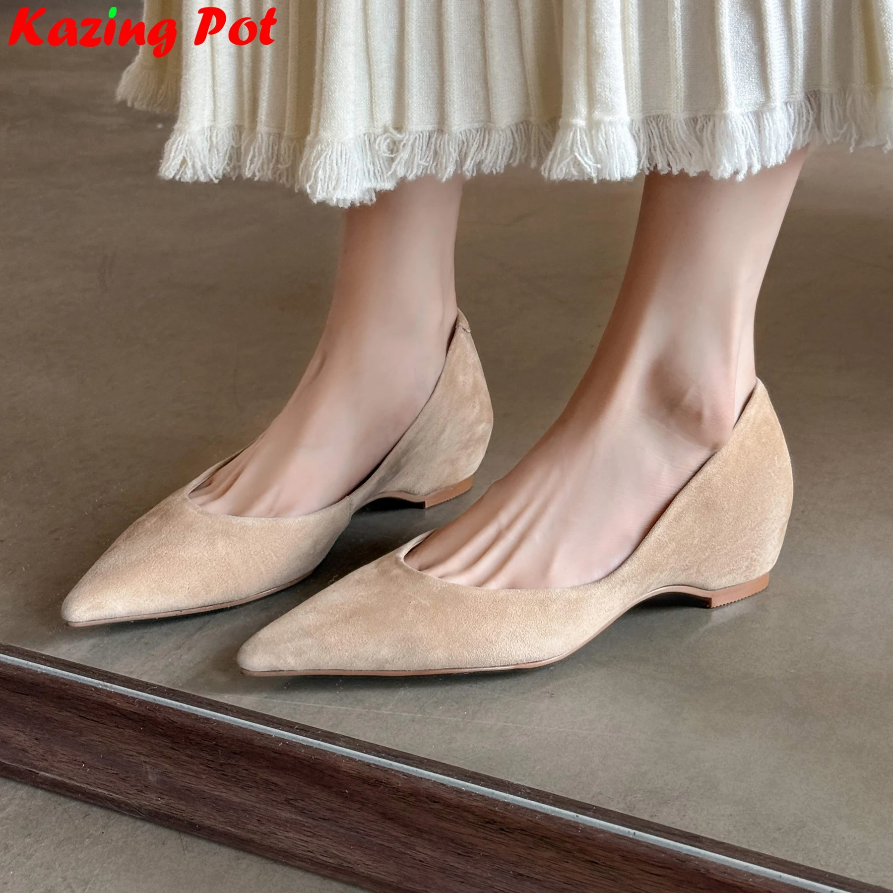 

Krazing Pot Genuine Leather Pointed Toe Autumn Shoes Increasing Med Heels Shallow Dating Brand Elegant Wedding Dress Women Pumps
