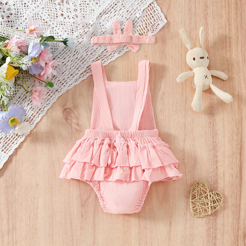 Baby Girl Easter Outfits Square Neck Sleeveless 3D Plush Ball Tank Romper + 3D Rabbit Ear Headband 2 Piece Infant Toddler Set