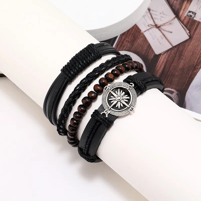 4Pcs/ Set Braided Wrap Leather Bracelets for Men Vintage Life Tree Rudder Charm Wood Beads Ethnic Tribal Wristband Rope Bracelet