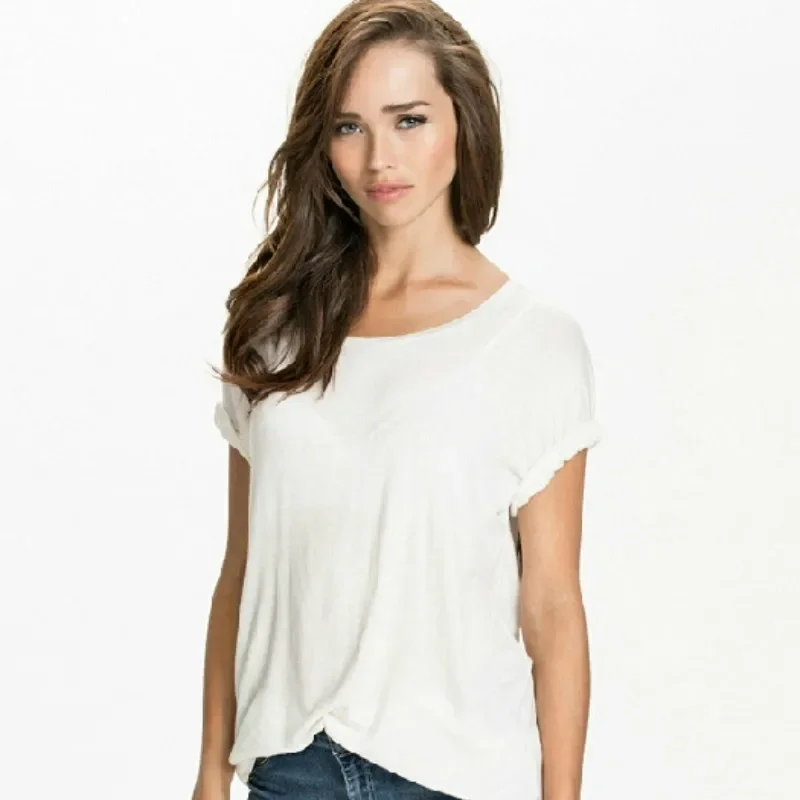 PDOOL T Shirt Women 2024 Summer Tees Angel Wings Back Printing Left Shoulder Roll Sleeve Loose Top T-shirts Women\'s Clothing