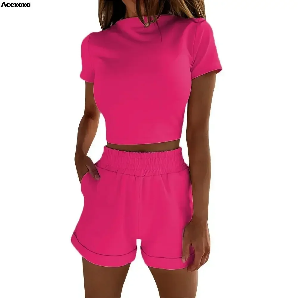 

2024 summer new women's solid color fashion casual high-waisted shorts short-sleeved crop suit