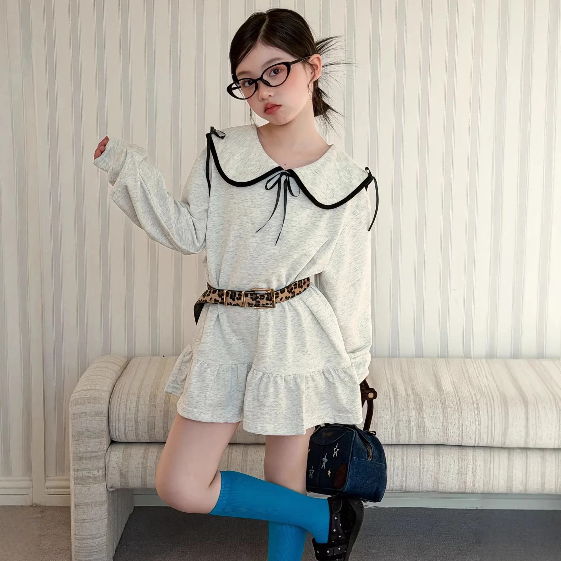 

Girls Dress 2026 Spring New Korean Style Bow Doll Collar Dress Casual Fashion Daily Temperament Wear