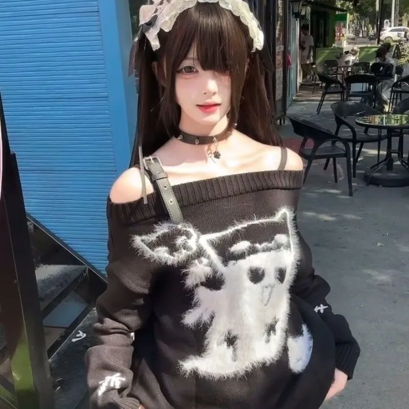 

Deeptown Y2k Black Kawaii Women Sweaters Gothic Harajuku Off Shoulder Korean Fashion Knit Pullovers Oversized Casual Winter