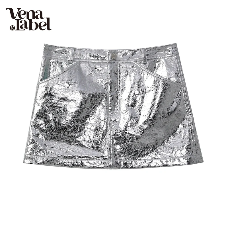 

Юбка Vena женская короткая трапециевидная, блестящая повседневная модная мини-юбка из искусственной кожи в Корейском стиле, WA064, на лето