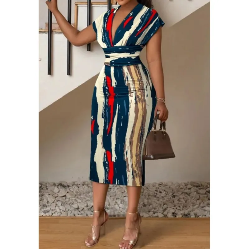 

Elegant Dresses For Women Summer New V-neck Slim Hip-hugging Sexy Printed Womens Dress Office Commuter Mid-length Dress Vestidos