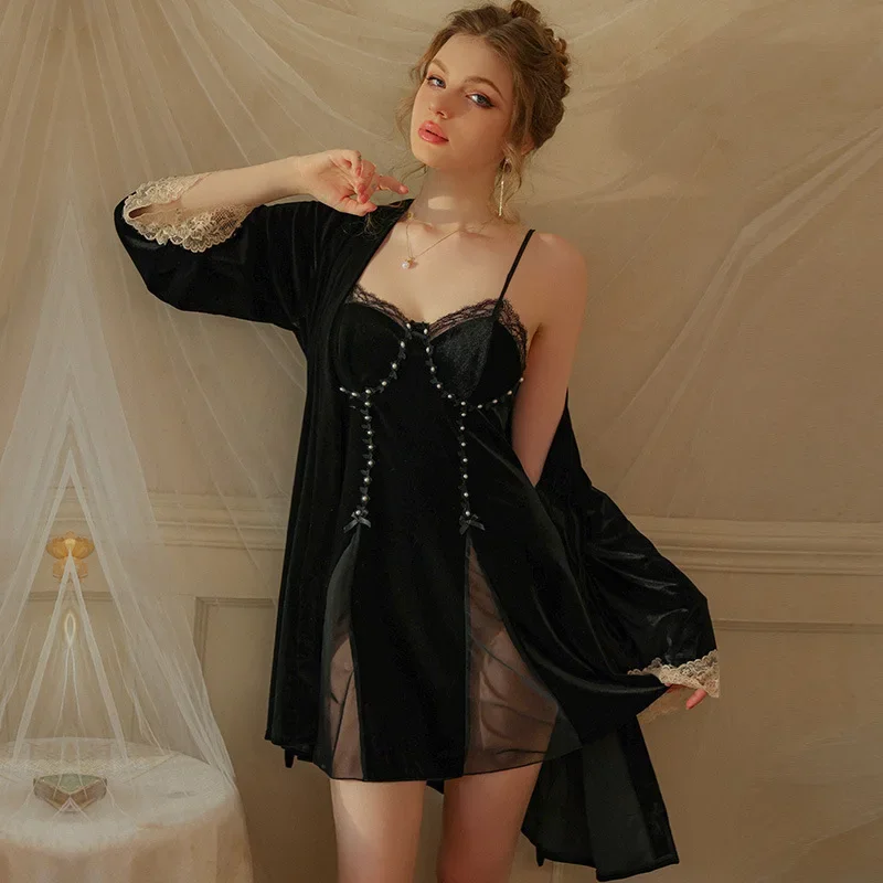 

Black Nightdress Warm Velvet Sleepwear Women Elegant Robe Short Autumn Winter New Kimono Bathrobe French Style Nightgown