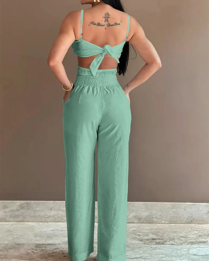 2024 Summer Fashion Jumpsuit Women Floral Pattern Shirred Hollow Out Casual Asymmetrical Neck Pocket Backless Jumpsuit