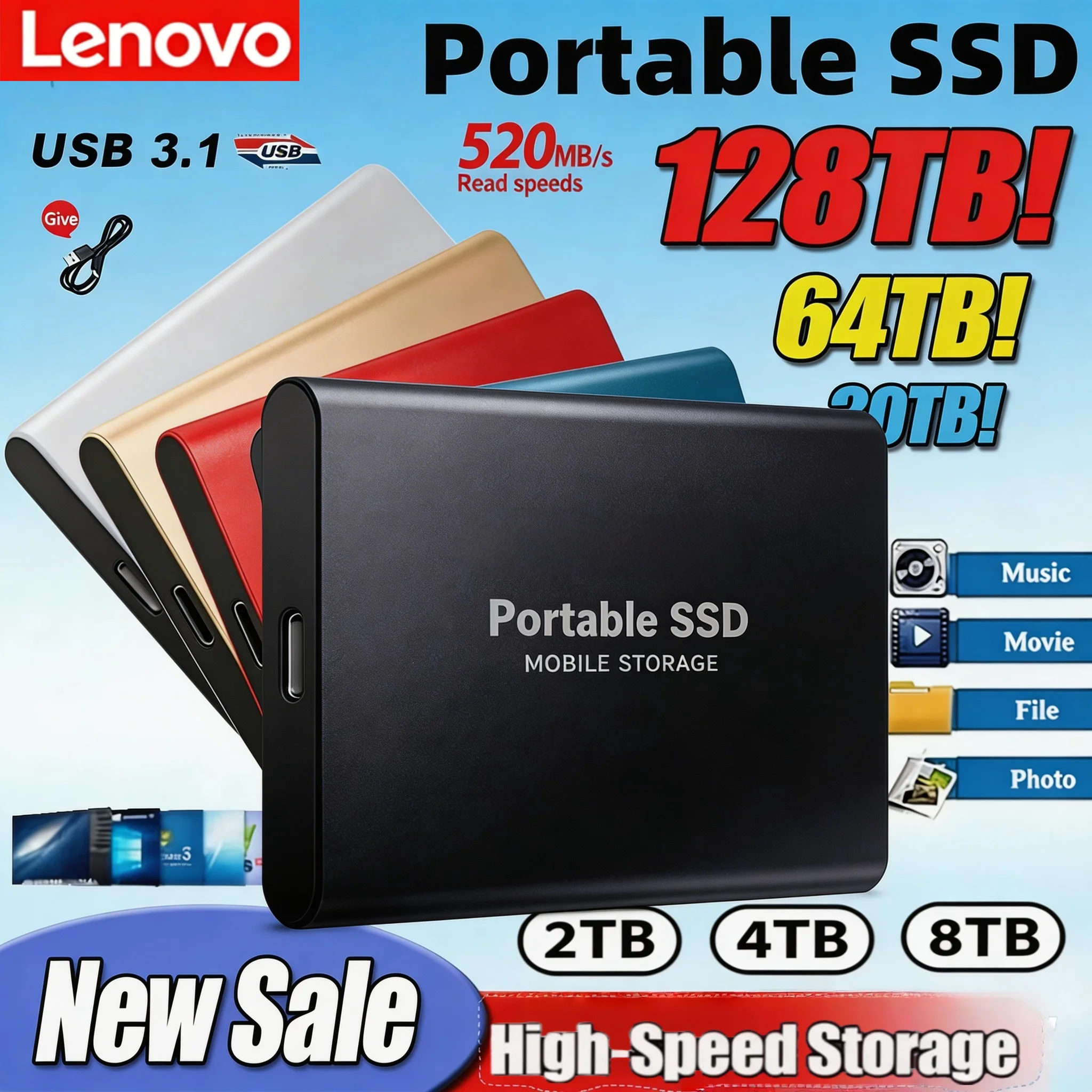 

Внешний высокоскоростной твердотельный накопитель Lenovo 500 ГБ, 2 ТБ, 4 ТБ, 8 ТБ, 16 ТБ, USB 3.1, 2.5 дюйма, портативный SSD для ноутбуков и PS4