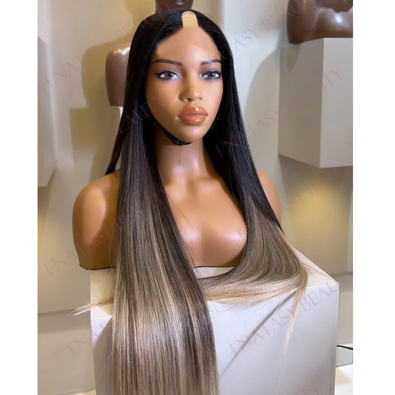 

Fantasy Beauty Glueless Top Natural Human Hair Ombre Ashy Blonde Silky Straight Full Machine Made U Part Wigs for Black Women