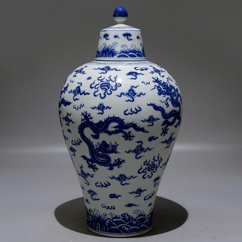 Китайская ваза, фарфоровая, ручная роспись, синий и белый морской дракон, ваза для бутонов, сине-белая ваза с крышкой, восточная