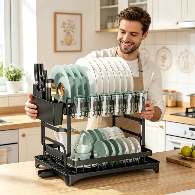 

2-Tier Metal Kitchen Countertop Dish Drying Rack, Multifunctional Dish Drainer with Drip Tray for Kitchen Tableware Storage