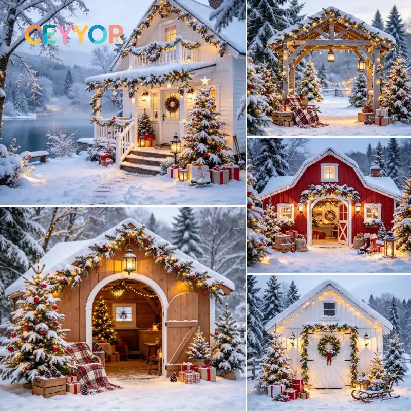 CEYYOR Winter Forest Christmas Candy Cane Backdrop, Christmas House Kids Holiday Photo Booth Background