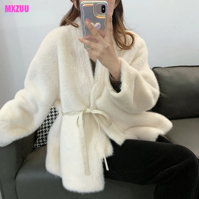 Winter Outfits for Women V-Neck Lace-Up Bathrobe Faux Fur Coat Loose Fashion Medium to Long Coffee/White/Apricot Mink Fur Jacket