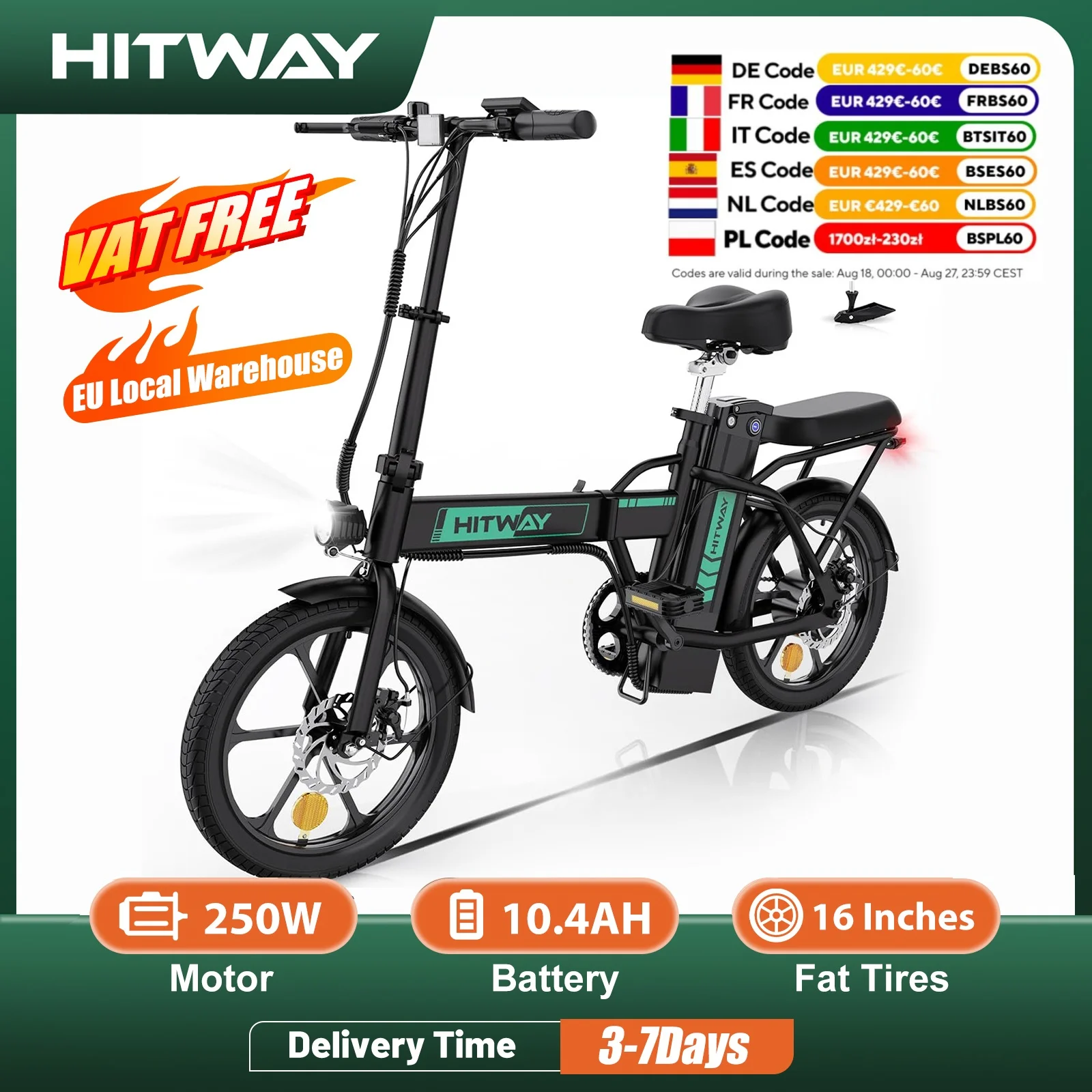 HITWAY Bici elettrica e-bike pieghevole bici da città Batteria al litio 36V/10,4Ah, chilometraggio elettrico può raggiungere 35-70k