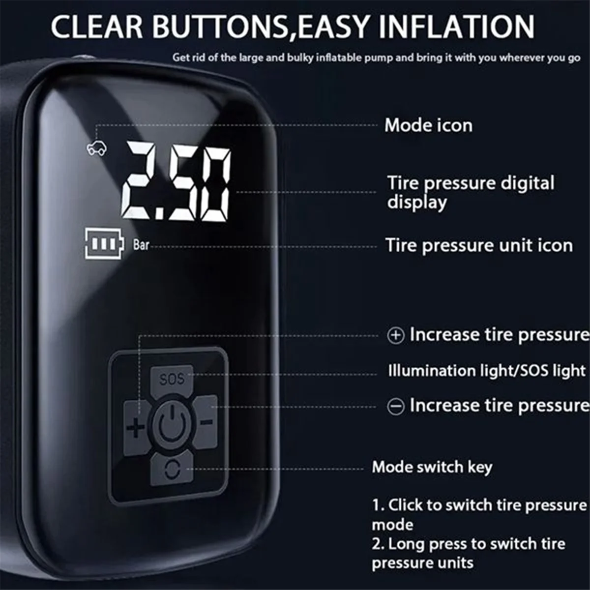 Función super caliente portátil del banco del poder de la bomba de inflado de la exhibición digital inalámbrica montada en el coche
