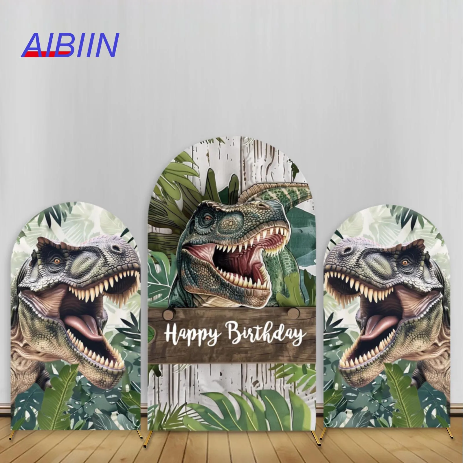 Dinosaur Happy Birthday Arch Backdrop Cover Jungle Safari Animal Wildlife Forest Leaf Boy 1 Year Cake Background Party Decor