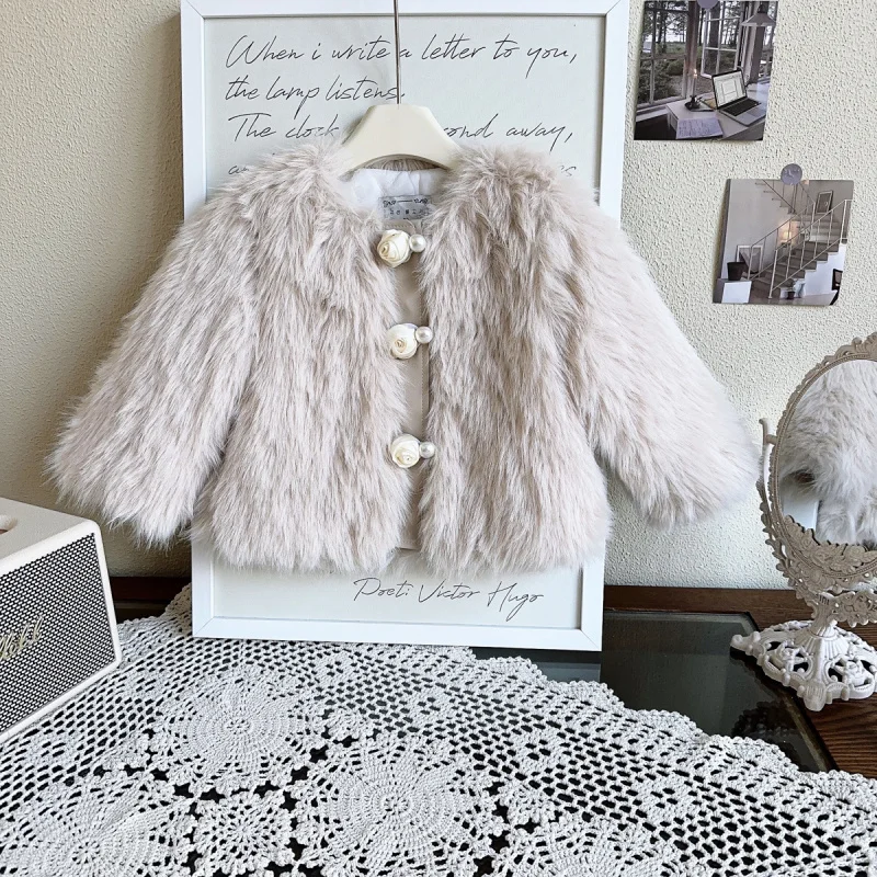 

Children's Korean Fashionable Coat New Winter Girls' Retro Floral Outerwear Baby Furry Coat
